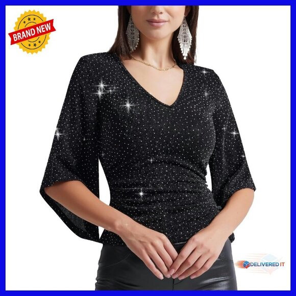 Tops - Shiny Glitter Blouse 3/4 Sleeve V-Neck Party Top Slim Fit